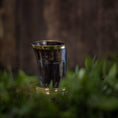 Bild in Galerie-Betrachter laden, Drikkeglashornet (100 ml) er sat mod en sløret træbaggrund med grønt løv i forgrunden. Dette polerede drikkeglas fremviser en skinnende kant og et glat, buet design.