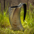 Bild in Galerie-Betrachter laden, Et Vikingekrus Nature Horn (600-800ml) står oprejst på den græsklædte grund med et plankeværk i baggrunden. Hornet ligner et traditionelt vikinge-drikkekar og udviser naturlige variationer i farve, der spænder fra mørke til lysebrune nuancer.