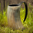 Bild in Galerie-Betrachter laden, Et poleret Vikingekrus Nature Horn (600-800ml) med et håndtag står oprejst på græsklædt jord med et plankeværk i baggrunden. Hornet har en glat, reflekterende overflade med et naturligt, let gennemskinnelig mønster.