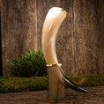 Bild in Galerie-Betrachter laden, Drikkehorn Ordained Galore, med guldaccenter og en poleret finish, står elegant på en rustik træoverflade understøttet af en vinklet base. Bag den er der en frodig grøn plante og en mosbevokset plet, alt sammen sat mod en tekstureret træbaggrund. Dette bøffelhorn har et slankt, naturligt design, perfekt til udstilling ved vikinge-markering.