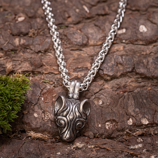 Wolfskopf-Ornament-Anhänger aus Stahl mit Kette – Bild 1