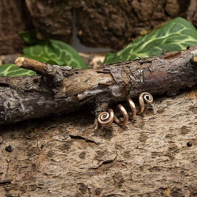 Et nærbillede af en kvist med en lille, indviklet Skægperler / Hårpynt Spiral Bronzeskulptur, der ligner en larve. Dette delikate stykke, inspireret af Vikingesmykker, kontrasterer smukt mod den strukturerede bark og grønne blade, hvilket giver omgivelserne et naturligt skovudseende.