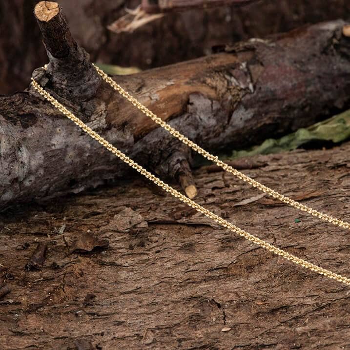 En elegant Halskæde Margherita Forgyldt 925s Sterling Sølv 1,5 mm draperet over groft, struktureret træ. Den sarte kædekædes højkvalitetssmedning skinner blødt mod den naturlige baggrund af grønne blade og tilføjer et rustikt præg.