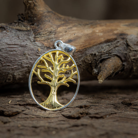 Yggdrasil Baum des Lebens Anhänger Geschmiedetes vergoldetes 925er Silber